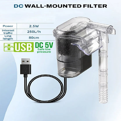 New Suspended Filter For Fish Tanks 5in1 Mini Filters 2.5W 250L/H for Aquariums Below 30cm External Waterfall Filter Pump USB/DC