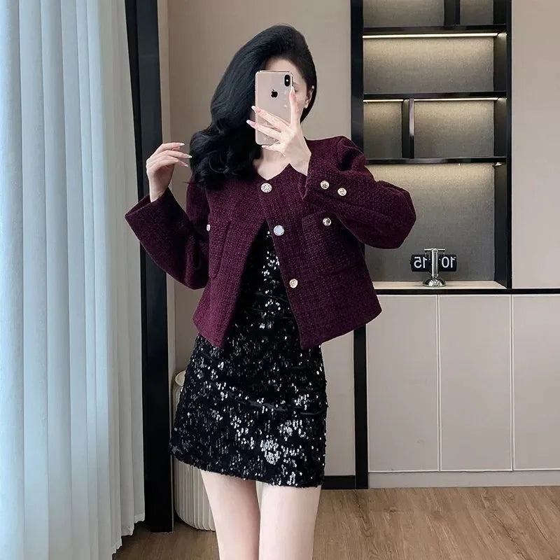 2025 Korean Purple Tweed Short Jacket Women's Coarse Woolen Coat Spring Autumn O-neck Single-breasted Streetwear Lady Outerwear
