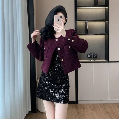 2025 Korean Purple Tweed Short Jacket Women's Coarse Woolen Coat Spring Autumn O-neck Single-breasted Streetwear Lady Outerwear