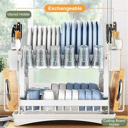 2-Tier Dishs Drying Rack - Rustproof Multifunctional Dish Racks with Drainboard, Space-Saving Design, Utensil & Cup Holder
