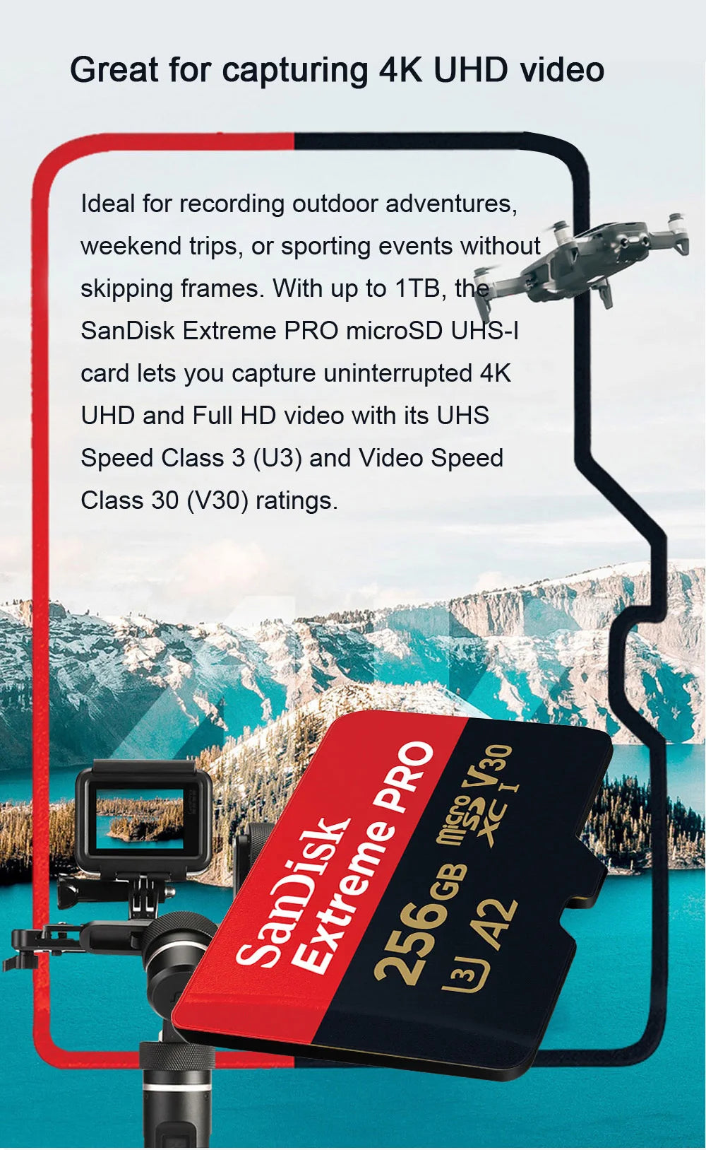 SanDisk Extreme PRO microSDXC UHS-I CARD 64GB 128G 256G 512GB 1TB Memory Card TF Card C10 V30 U3 4K UHD for action cameras drone