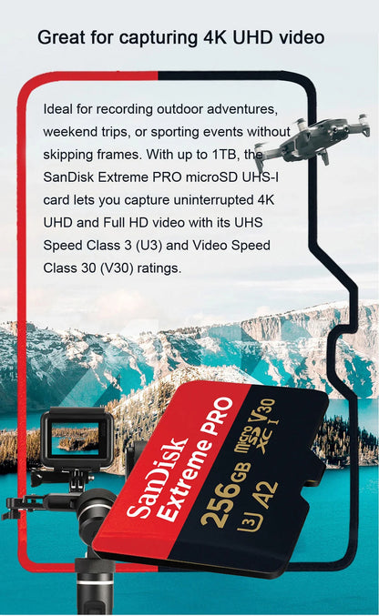 SanDisk Extreme PRO microSDXC UHS-I CARD 64GB 128G 256G 512GB 1TB Memory Card TF Card C10 V30 U3 4K UHD for action cameras drone