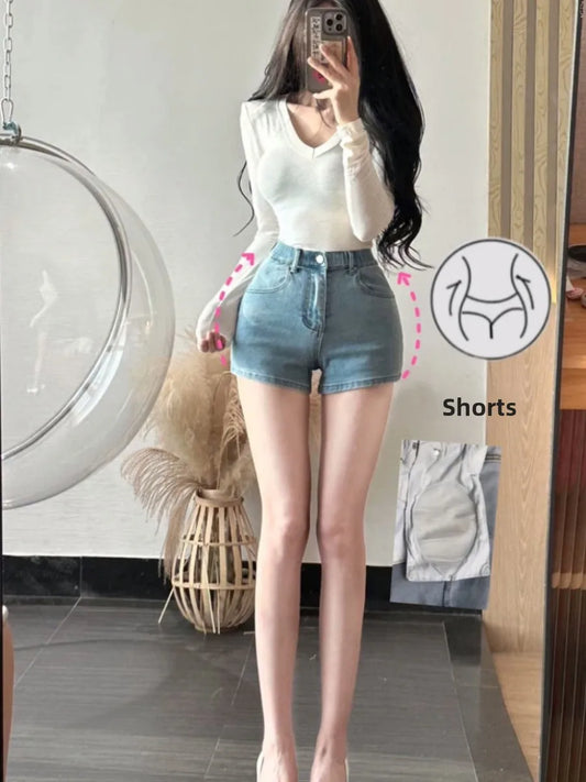High Waist Denim orts Women's Sexy Slimming orts with Butt Pad American Hot Girl Light Blue Jeans orts Cotton Elastic F...