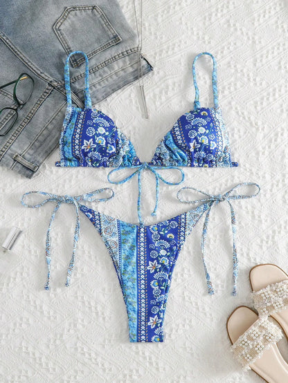 BIQIUYYI New Floral Print String Bandage Bikinis Triangle Cup Push Up Swimsuit Women Bathing Suit Beachwear Halter Swimwear XS