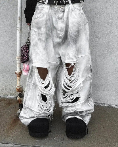 European American Retro Street Rock Destruction Heavy Industry Washing Brushed Jeans Men's High Street Niche Art Wide-leg Pants