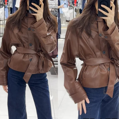 KONDALA Women Stylish Imitation Leather Short Trench Coat With Belt 2025 New Spring Fall Fashion Commuter High Street Jacket