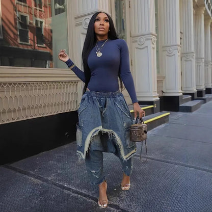 Jeans Women Harem Pants Hole Elastic Waist Tassels Washed Distressed Pockets Streetwear 2025 Ripped Ankle Length Trousers
