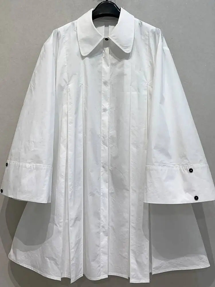 DEAT Fashion Women Shirt Dress Lapel Loose Single Breasted 65% Cotton Long Slevee Overknee Pleated Dresses Spring 2025 7AB2799