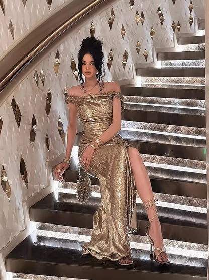 REDDACHiC Elegant Cowl Neck Women Glitter Dress Gold Sequin Maxi Long Backless Split Mermaid Bodycon Cocktail Party Evening Gown