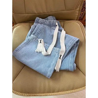 Thiened Fce Dstring Jeans Women's Winter New Sle Warm Straight Leg Loose Wide Leg High Waist Jeans Cotton Stretch D...