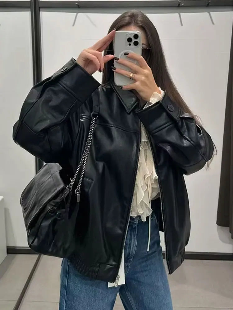 HH Female Streetwear Style Coats Solid Turn-Down Collar Long Sleeves Pockets Zipper Autumn Jackets Woman 2024 Trendy 2 Color
