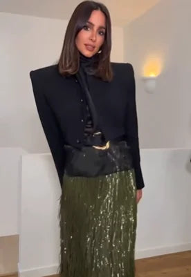 Retro Green Sequin Women Midi Skirt Chic High Waist Bodycon Long Shiny Sequined Bottom Lady Christmas Evening Party Club Skirts