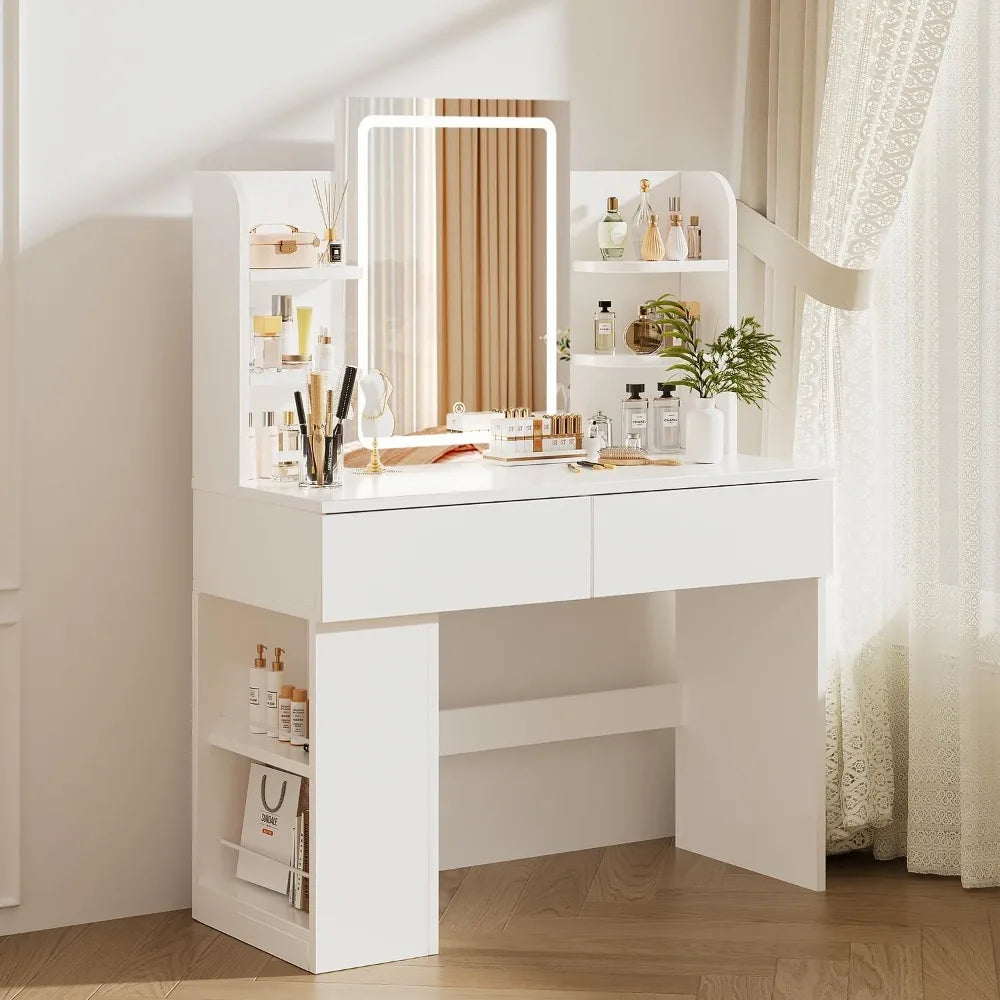 Makeup Dressing Table with Mirror and Led Dimmable Light, Makeup Vanity with 2 Drawers and 4 Shelves, Bottom Shelf, Desk Table,