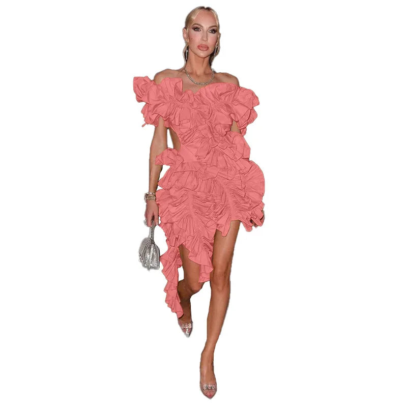 CM.YAYA Women Edible Tree Fungus Tierred High Low Asymmetrical Ball Gown Dress 2023 Sexy Club Party Evening High Street Dresses