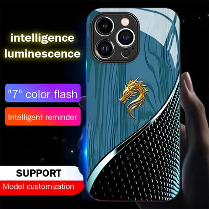 Wood Grain Dragon Emblem Sound Control LED Flash Cases Luminous Glass Cover For XiaoMi 15 14 13 12 11 Pro Ultra