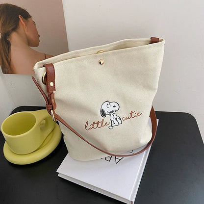 2026 Series Snoopy Women'S Cute High-Capacity Bucket Bag Fashion Canvas Shoulder Bag Classic Letter Print Casual Crossbody Bag