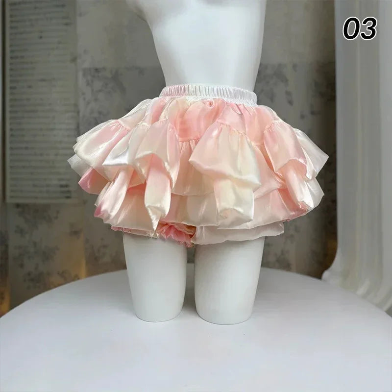 Sweet Elastic Waist Short Skirt Chic Ruffle Cake Princess Satin Puffy Skirt