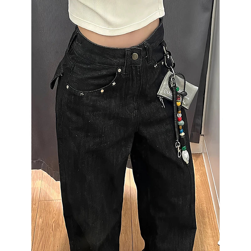 Black Autumn 2025 Blue Jeans Women Y2K Vintage High Waisted Jeans Straight Streetwear Loose Large Wide Leg Denim Pants