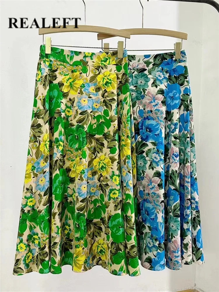 REALEFT High Waist Floral Printed Tulle Mi-long Women A-Line Skirts New 2024 Loose Female Umbrella Skirts Female Spring Summer