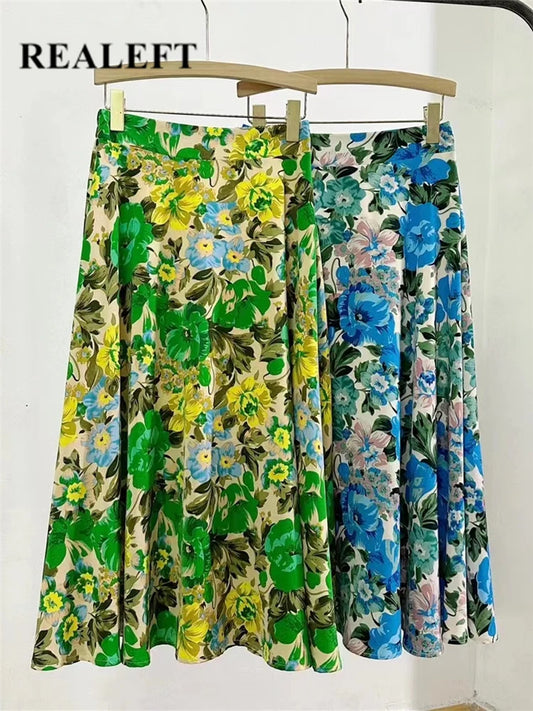 REALEFT High Waist Floral Printed Tulle Mi-long Women A-Line Skirts New 2024 Loose Female Umbrella Skirts Female Spring Summer