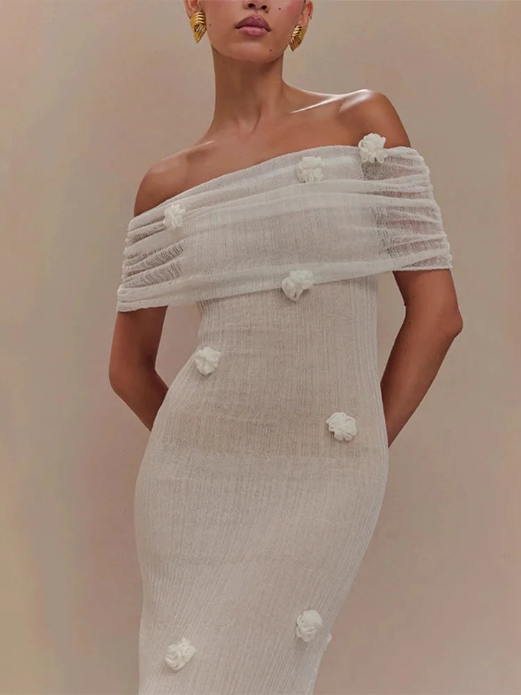 Chic 3D Flower Sleeveless Slim Maxi Dress Elegant Off Shoulder Knitted Long Dresses for Women 2025 Spring New Evening Party Robe