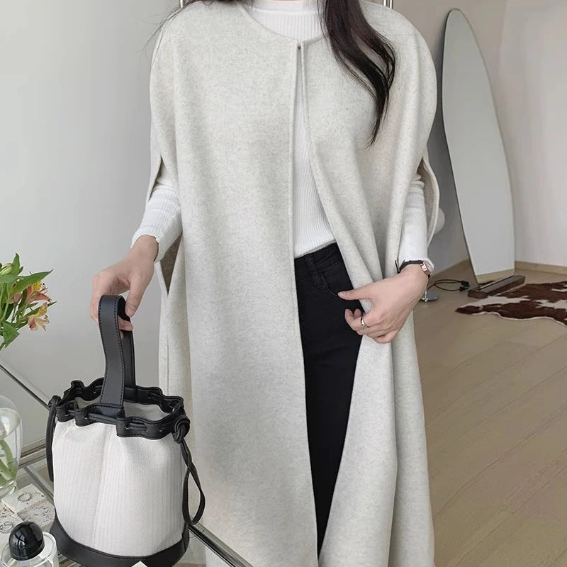 Chic Autumn Winter Loose Coat Sle Pure Color Long Women's Vest Jaet Korean Version Commute Sle Long Sve round Ne