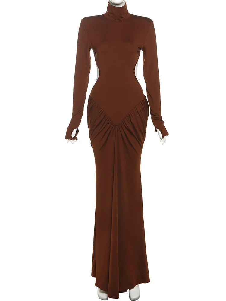 Weird Puss Backless Maxi Dress Women Long Sleeve Shoulder Pads Waistless Peach Buttocks Ruched Elegant Banquet Skinny Vestidos