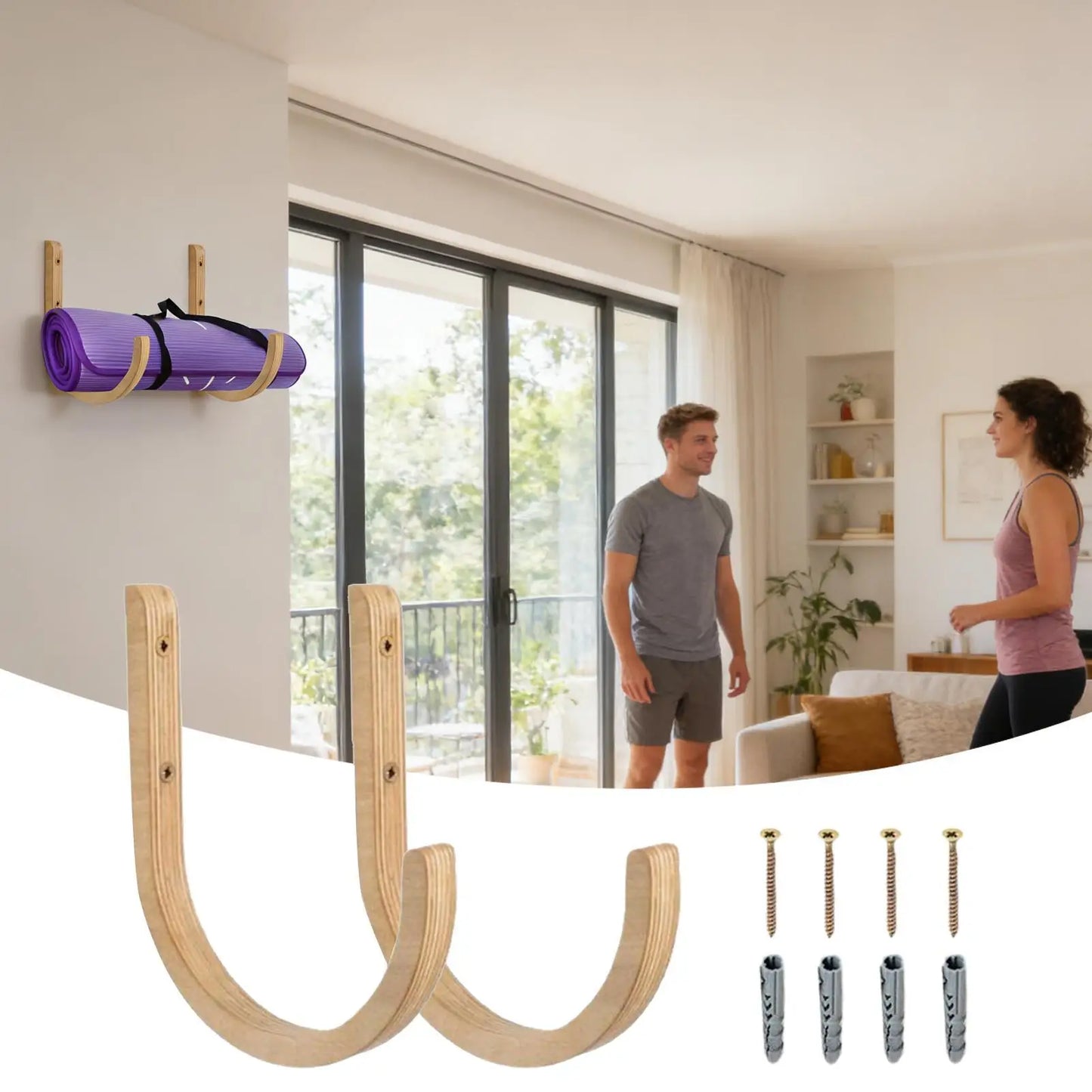 Yoga Mat Storage Rack 2PC Wooden With Screws Yoga Mat Wall Mount Storage Rack For Home Gym Indoor Exercise Fitness