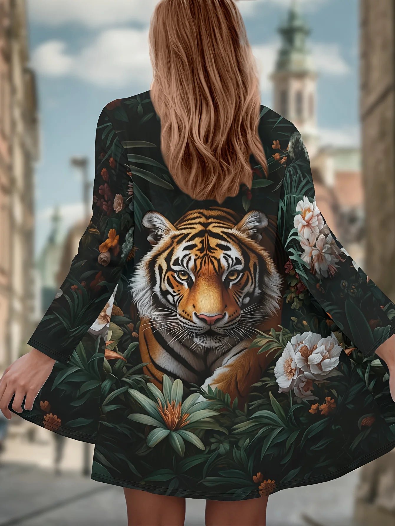 Women's Winter Jacket with 3D Tiger and Lion Animal Prints, Front-Opening Loose Fit Cape, Casual Polyester Women's Clothing