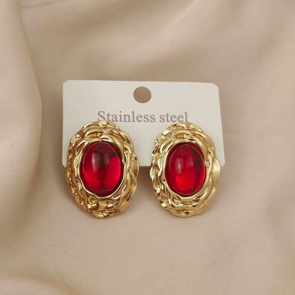 Charming oval blue big gem stone garland gold plated 18K women's earrings, high quality waterproof earrings, wife's gift