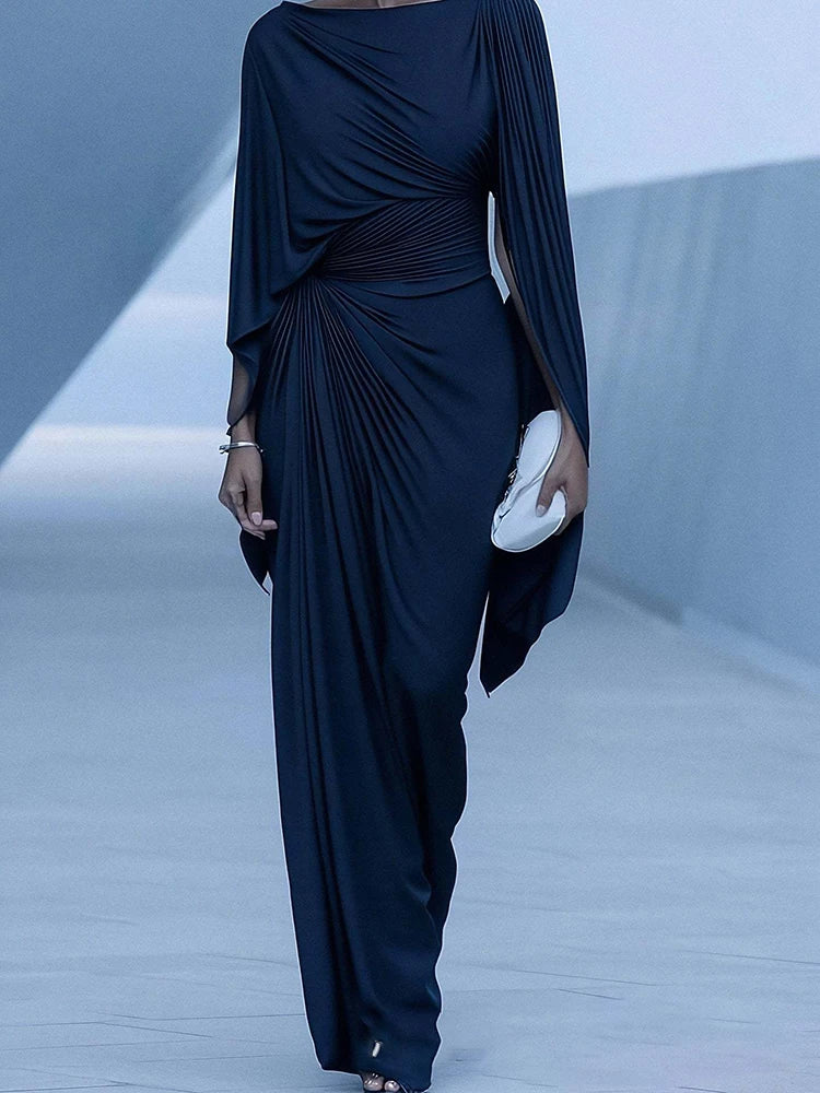 Sexy Slash Collar Pleat Slim Evening Dress Elegant High Waist Solid Color Banquet Dress Lady Leisure Irregular Long Sleeve Dress