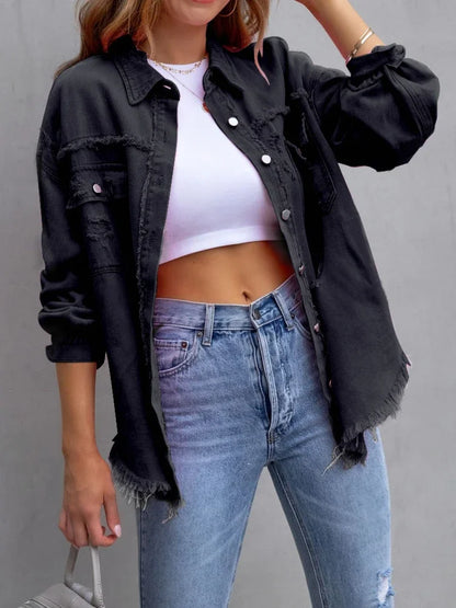 Spring Autumn Denim Women's Jacket Rough Selvedge Ripped Loose Fit Long Sleeve Korean Fashion Female Top