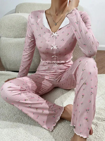Women Sleepwear Autumn Winter Floral Print Pajamas Set Long Sleeve Top and Long Pants 2 Piece Casual Homewear Loungewear
