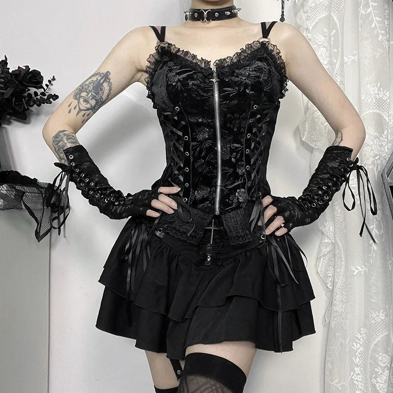 Gothic Black Lace Cross Mini Skirt Y2k Grunge Punk High Waist Pleated A-Line Skirts Vintage Women Girl Aesthetic Alt Clothes