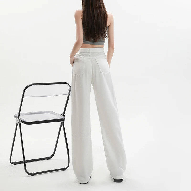 Summer Soft Lyocell Fabric Woman Jeans Loose Wide Leg Straight High Waisted Thin Pant Fashion Comfort White Casual Trousers