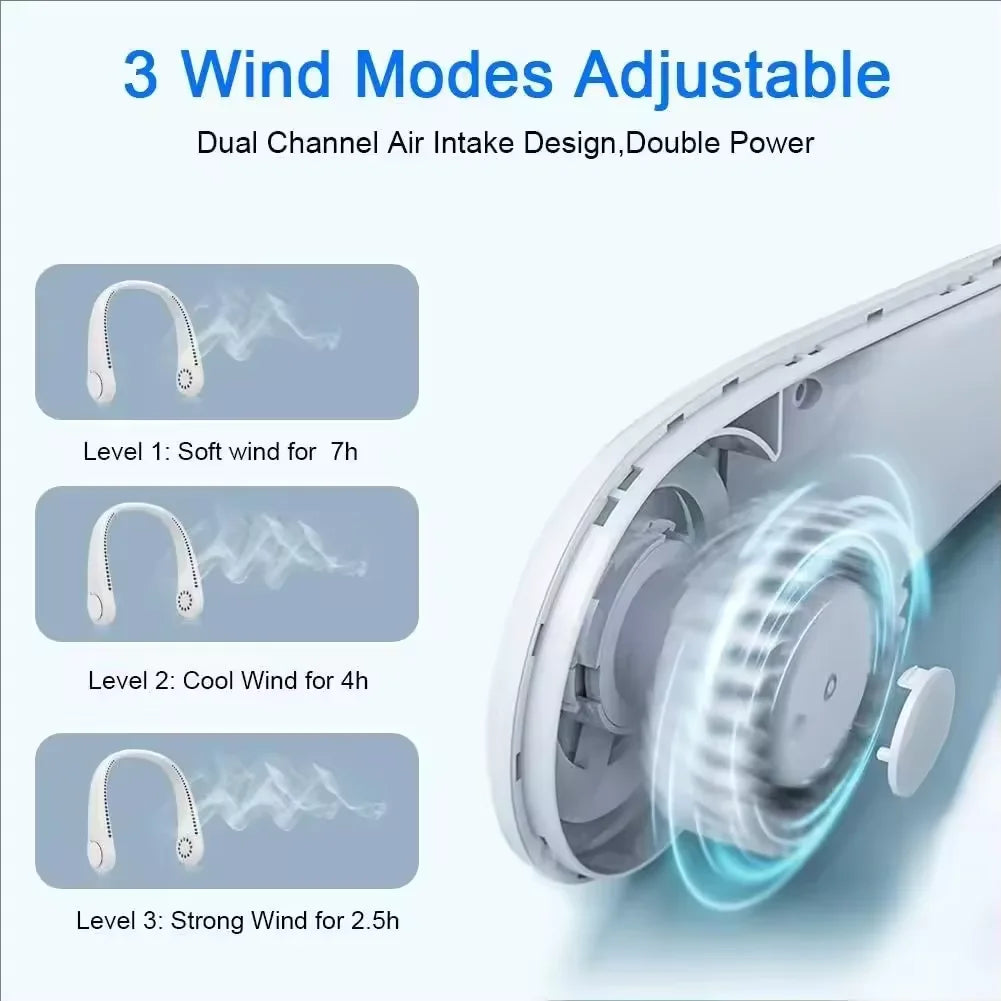 Hands Free Neck Fan Portable USB Rechargeable Bladeless Cooling Fan Quiet Wearable Fan for Summer Travel 3 Speed Mini Long endur