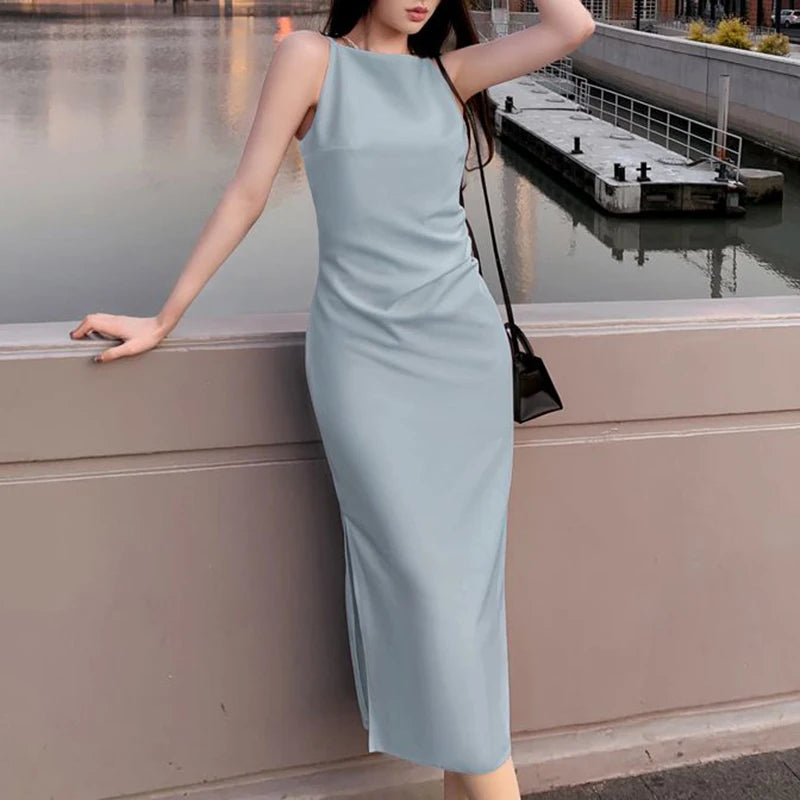 New Summer Women Sexy Skinny One Shoulder Dress Lady Solid Color Wrap Hip Skirts Female Korean Concise Party Slim Fit Long Dress