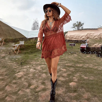 AYUALIN Floral Embroidery Loose Sexy Bikini Tunic Vintage Deep V-neck Boho Lace Cover-Ups Women Summer Mini Robe 2025 Beach Wear