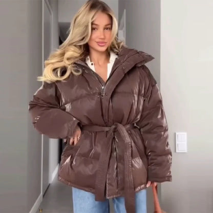 Shiny Reflective Cinched Waist Outwear Winter Luxury Elegant Lapel Cotton Coat Female Length Loose Trendy Thick Warm Down Jacket