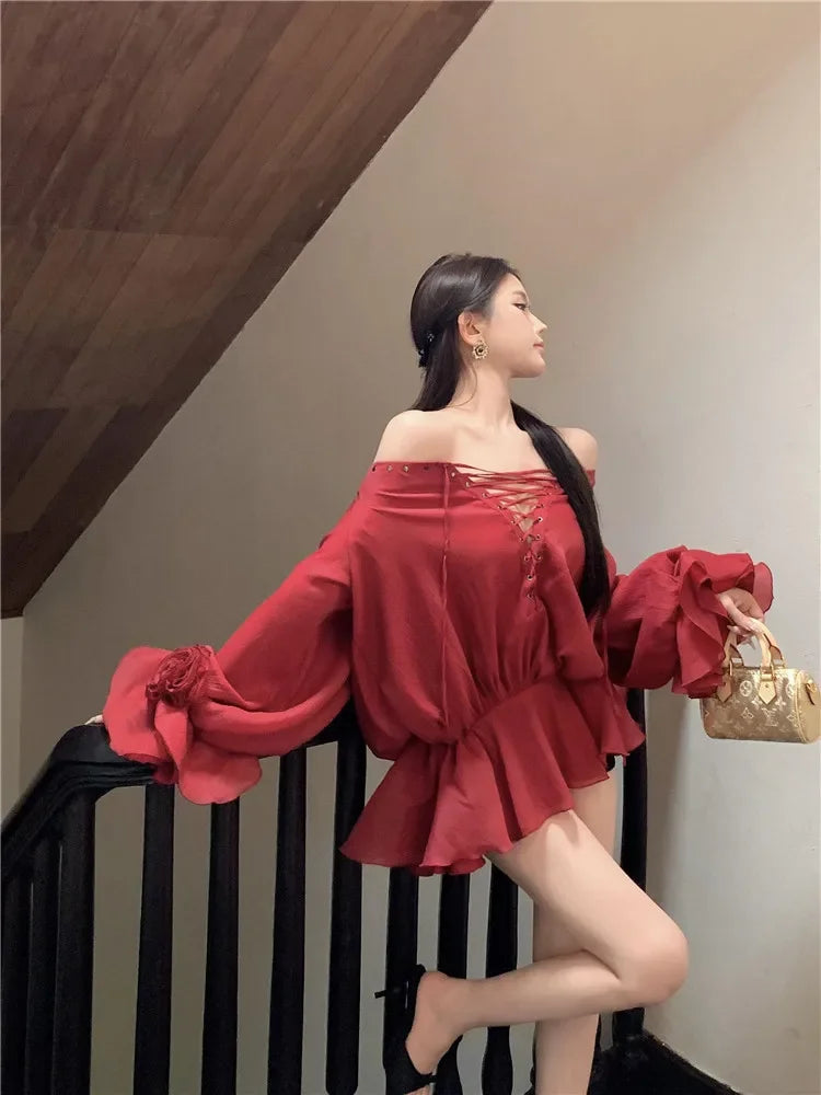 New Fall Sexy Slash Neck Red Super Mini Dress Women Lace Up Straps Short Shirt Fashion Flare Sleeve Ballet Off Shoulder Blouse
