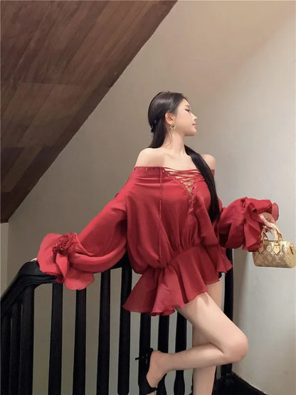 New Fall Sexy Slash Neck Red Super Mini Dress Women Lace Up Straps Short Shirt Fashion Flare Sleeve Ballet Off Shoulder Blouse
