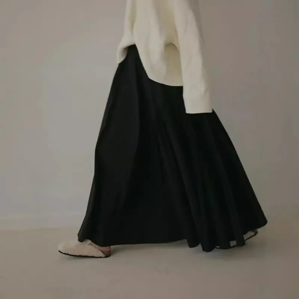 Kuzuwata Loose Autumn Winter Casual Solid Skirt A-line Mid-length Patchwork Big Swing Faldas Japan Moda Ruched All-match Skirts