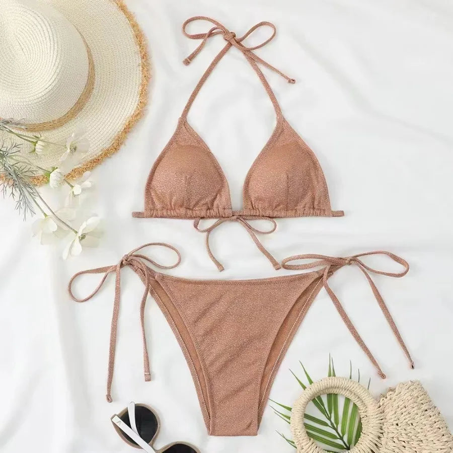 2025Sexy Bikini Set Shiny Triangle Bikinis Bandage Swimsuit Women Two Piece Swimwear Summer Biquini New Beachwear Push Up Bikini