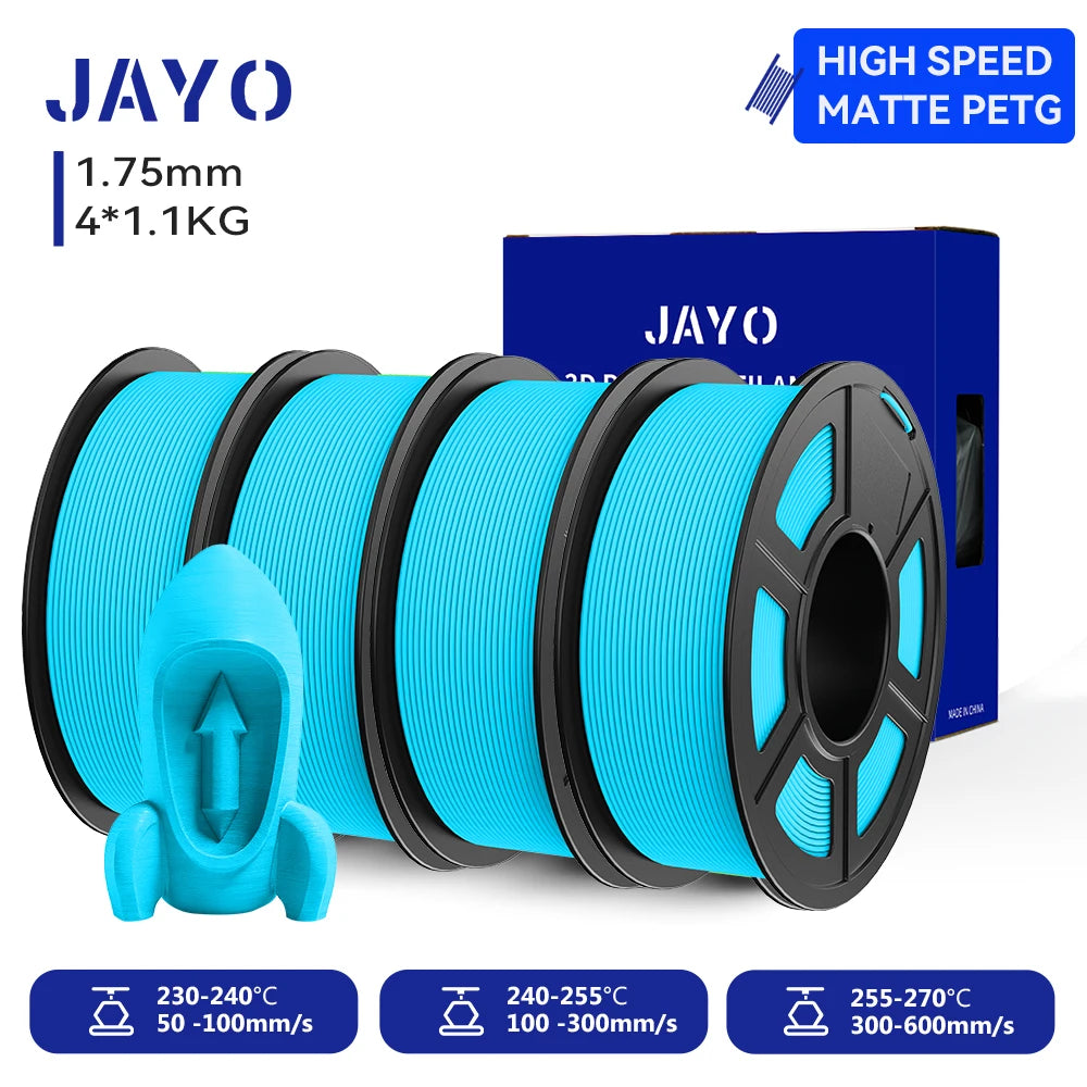 JAYO 4Rolls 3D High Speed Matte PETG 3D Filament 1.75mm 30mm/s - 600mm/s Print Range High Flow Speedy PETG 3D Printer Filament