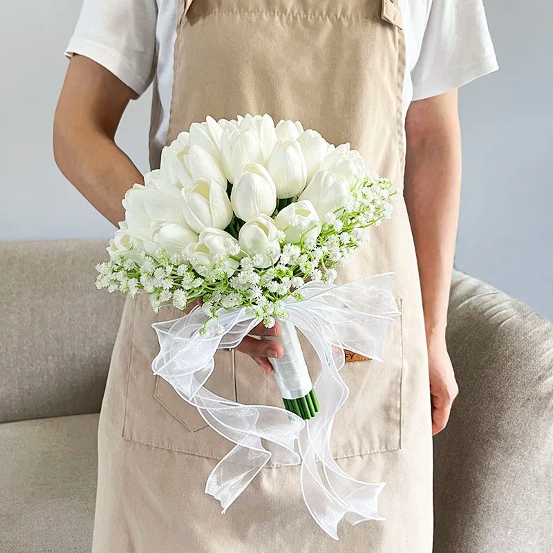 Bride Bouquet Wedding Flowers Bridal Bridesmaids PU Tulip Baby's Breath Artificial Flowers Table Centerpieces Prom Accessories