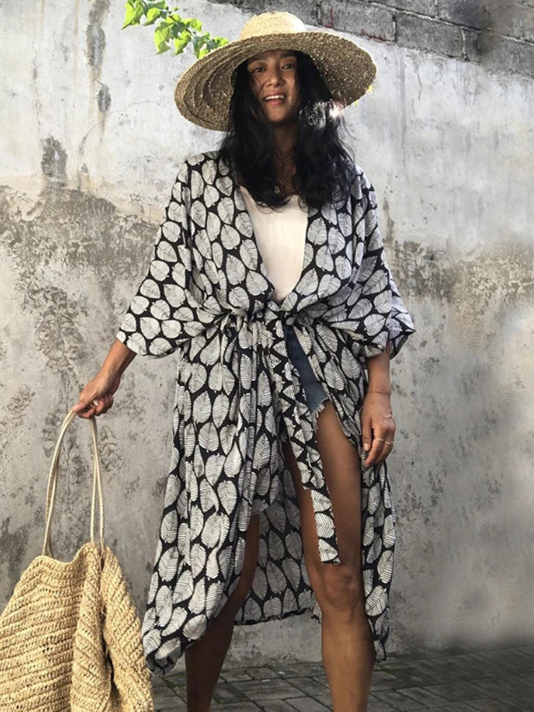 Bikini Cover Ups for Swimwear Women Printed Beach Kimono Self Belted Loose Wrap Beachwear Bathing Suit Dropshipping 22 Colors