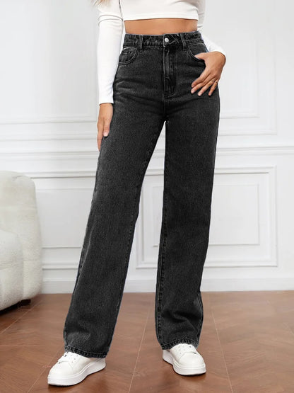 2024 New Solid Color Comfortable Casual Straight Jeans Women's Commuter Versatile Denim Pants Ladies High Waist Stretch Trousers