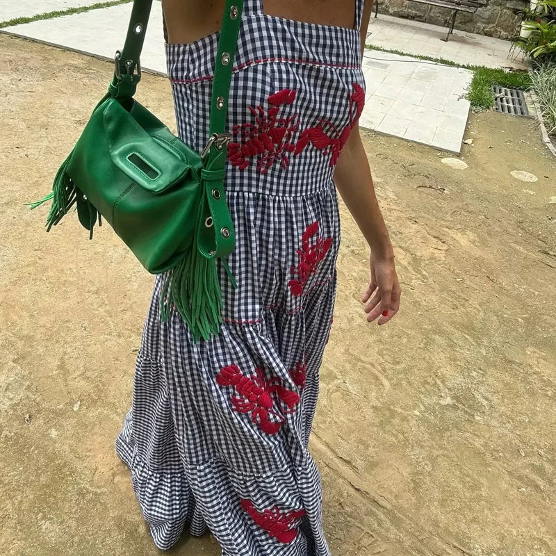 HXAO Women Ruffle Embroidery Slip Dress Sleeveless Plaid Dress Pleated Backless Beach Dress Holiday Woman Summer Dress 2024
