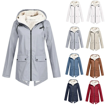 Outdoor Windbreaker Coat Women Trench Coat Waterproof Hooded Outerwear Velvet Thicken Overcoat Zip-up Streetwear Autumn Winter