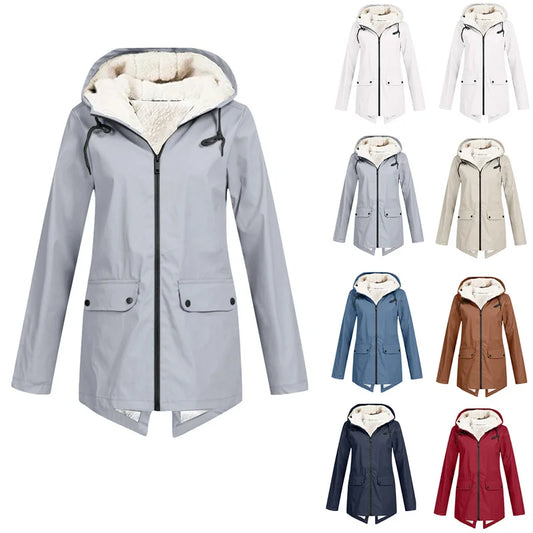 Outdoor Windbreaker Coat Women Trench Coat Waterproof Hooded Outerwear Velvet Thicken Overcoat Zip-up Streetwear Autumn Winter